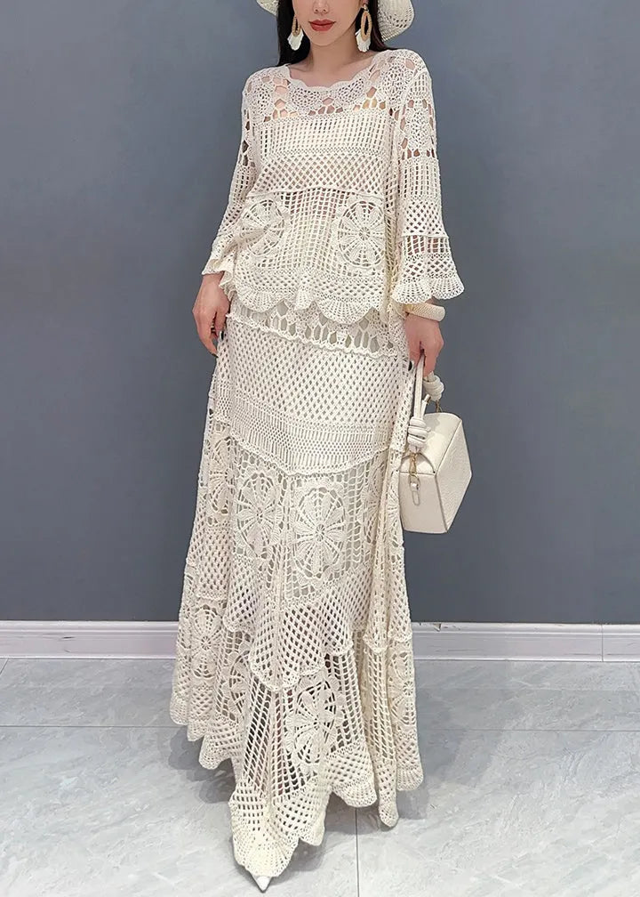 Beige Hollow Out Tops and Skirts Knit Two Piece Set Long Sleeve
