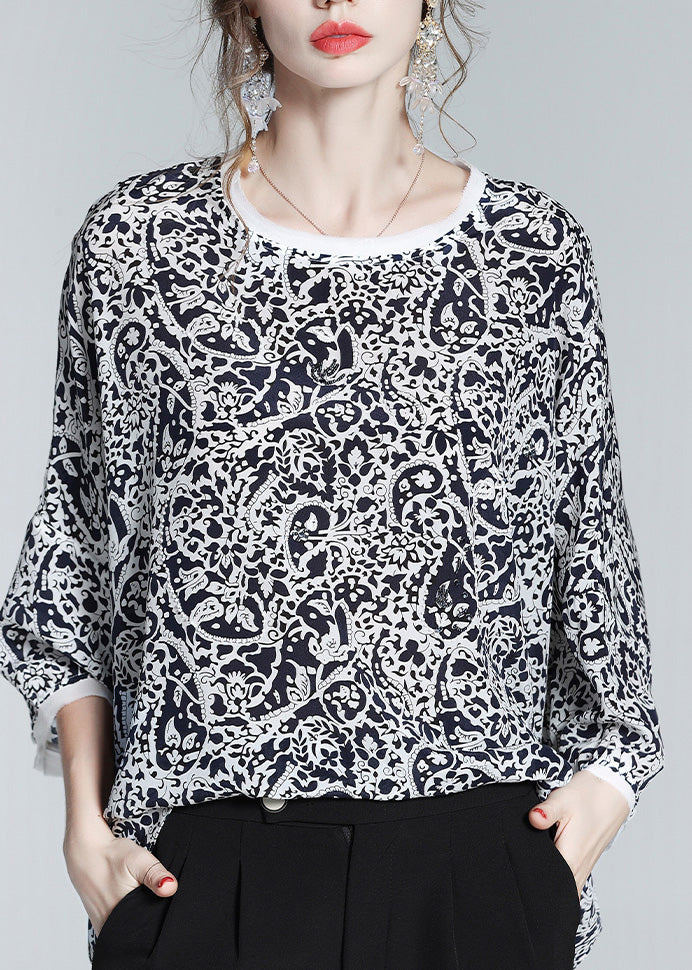 Retro Black O-neck Print Silk Shirts Long Sleeve