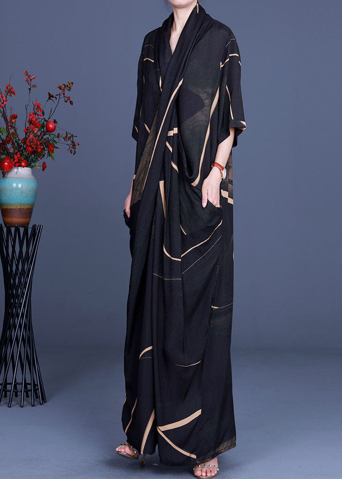 Black V Neck Chiffon Dress Half Sleeve