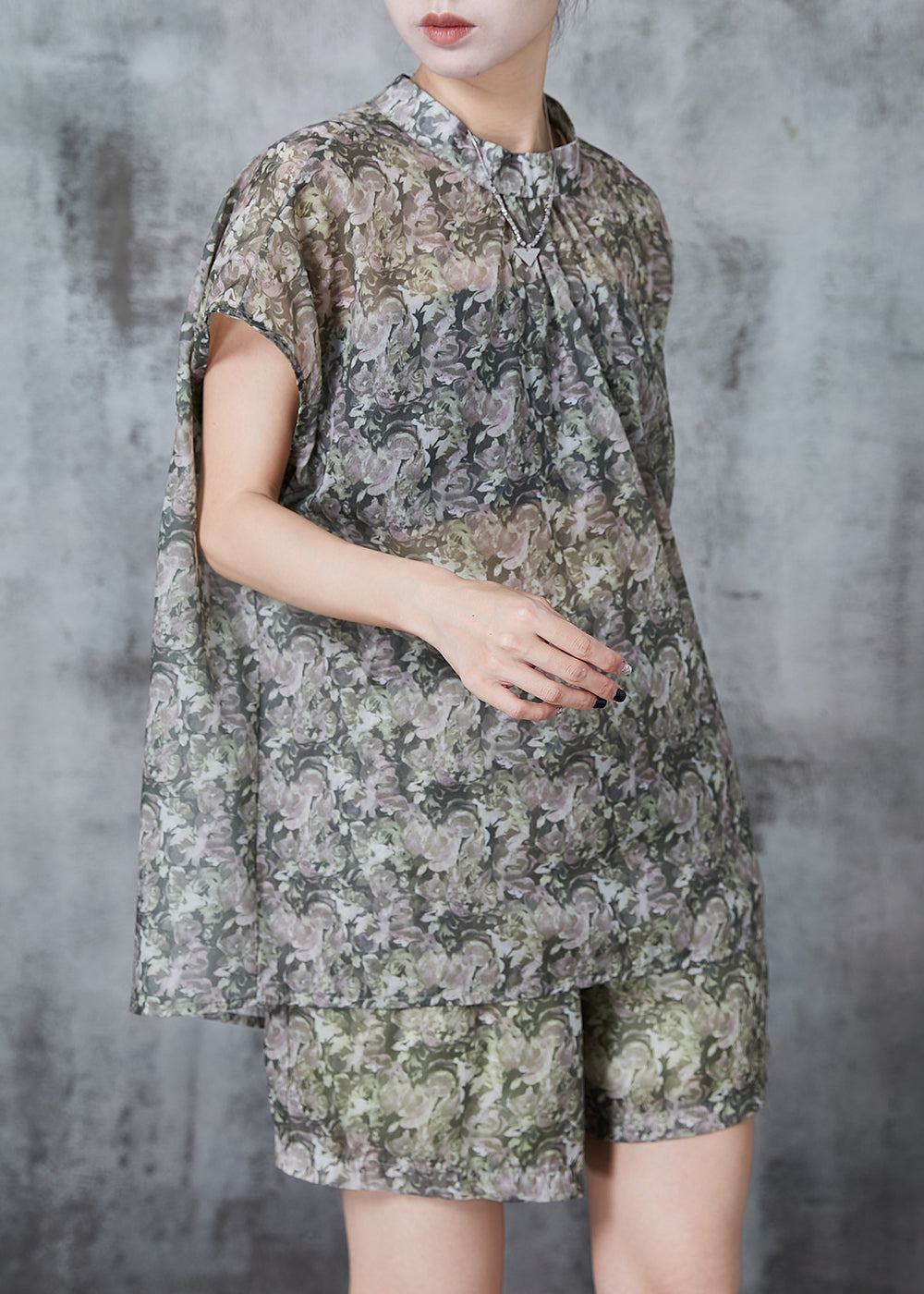 Stand Collar Print Chiffon Sets 2 Pieces Summer