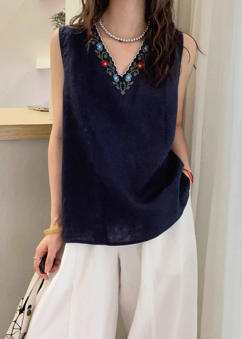 French Navy V Neck Embroidered Cotton Tops Sleeveless
