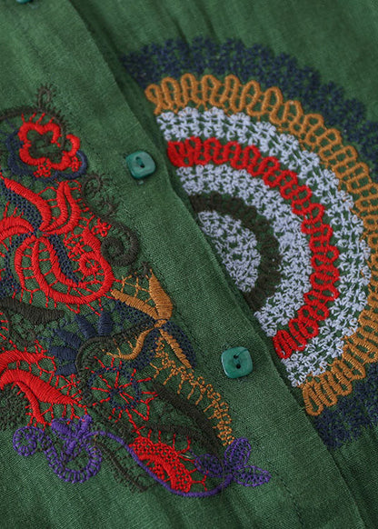 Green Embroideried Linen Shirt Top Long Sleeve