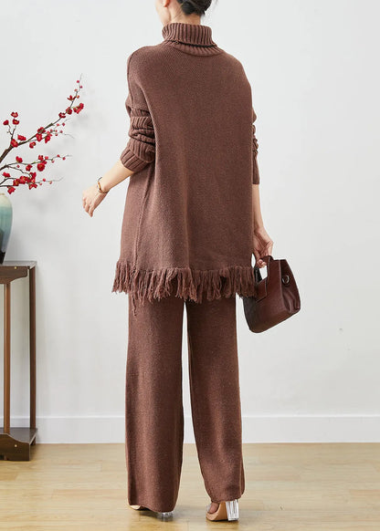 Classy Chocolate Tasseled Oversized Knit Two Pieces Set Fall