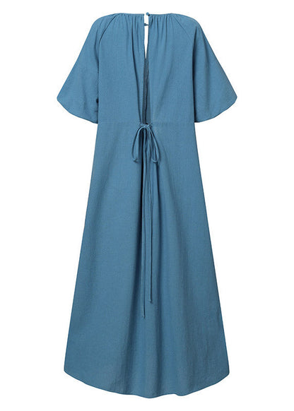 Blue O-neck Patchwork Tie Waist Long Dress Short Sleeve