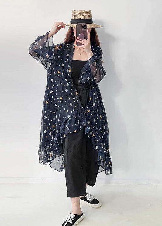 Navy Ruffled Print Chiffon Upf 50+ Cardigan Summer