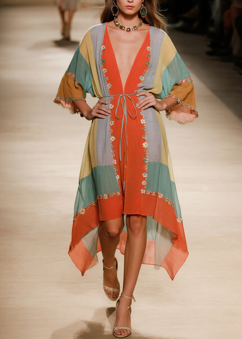 Handmade V Neck Asymmetrical Design Cotton Dress Summer