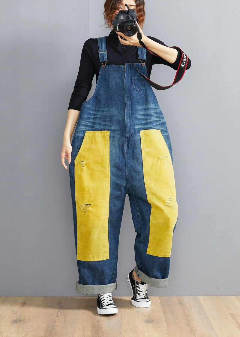French Denim Blue Jeans Spring Patchwork Jumpsuit Pants