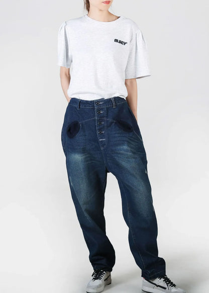 Navy Pockets Patchwork Denim Straight Pants Summer