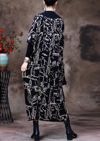 Black Turtleneck Print Knit Patchwork Long Dress Long Sleeve