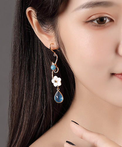 Blue Copper Crystal Coloured Glaze Pearl Shell Flowwer Water Drop Drop Earrings