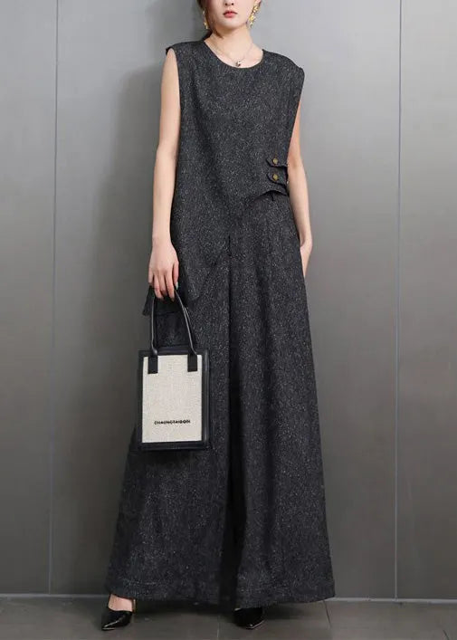 French Navy Asymmetrical Design Denim Two-piece Set Sleeveless