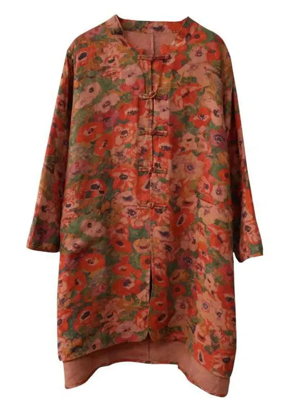 Stand Collar Chinese Button Print Linen Shirts Coat Long Sleeve