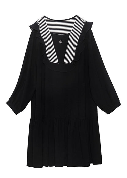 Style Black O-neck Patchwork Ruffles Chiffon Party Dress Spring