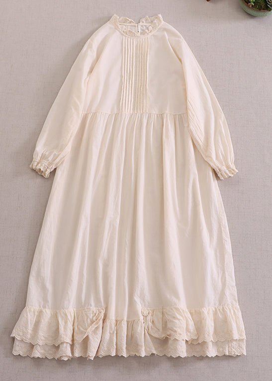 New Apricot Ruffled Patchwork Cotton Dress Long Sleeve