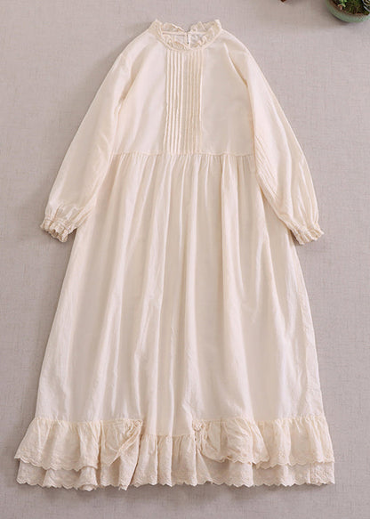 New Apricot Ruffled Patchwork Cotton Dress Long Sleeve