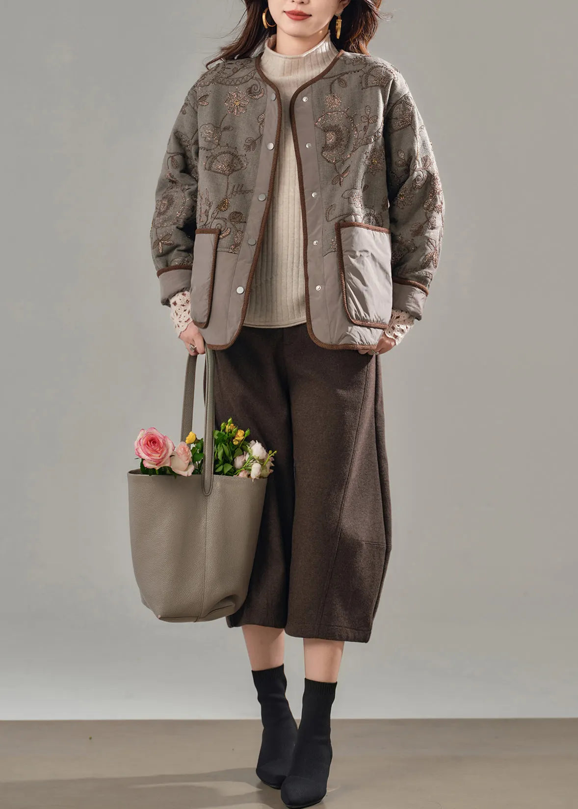 Fine Brown Embroidered Patchwork Pockets Fine Cotton Filled Jackets Winter
