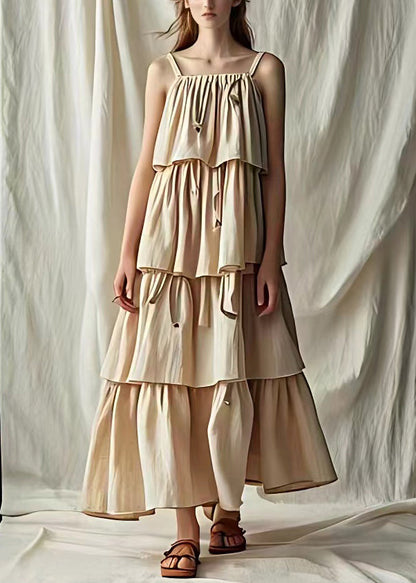 Light Khaki Wrinkled Cotton Spaghetti Strap Dress Sleeveless