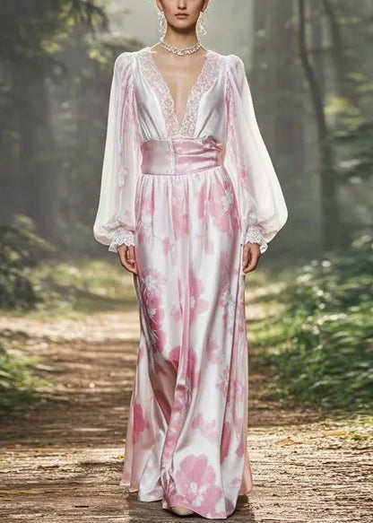 Pink Print High Waist Silk Dress Lantern Sleeve