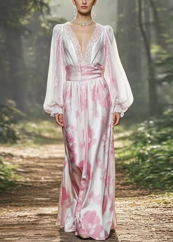 Pink Print High Waist Silk Dress Lantern Sleeve