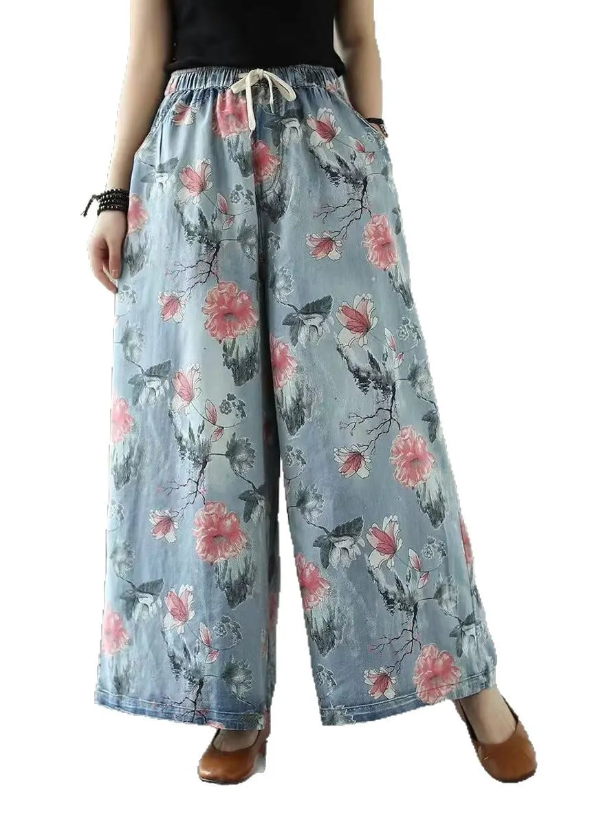 Oversized Print Denim Wide Leg Pants Summer