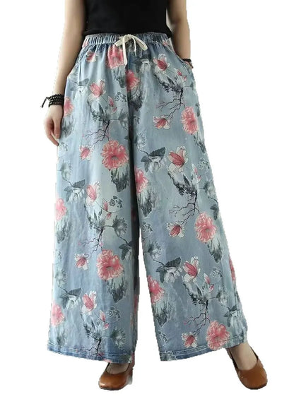 Oversized Print Denim Wide Leg Pants Summer