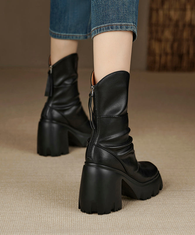 Wrinkled Zippered Splicing Chunky Boots Black Cowhide Leather