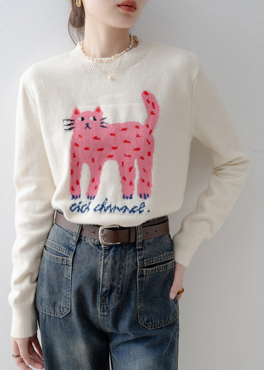 White Cat Jacquard Thick Sweater Tops Winter
