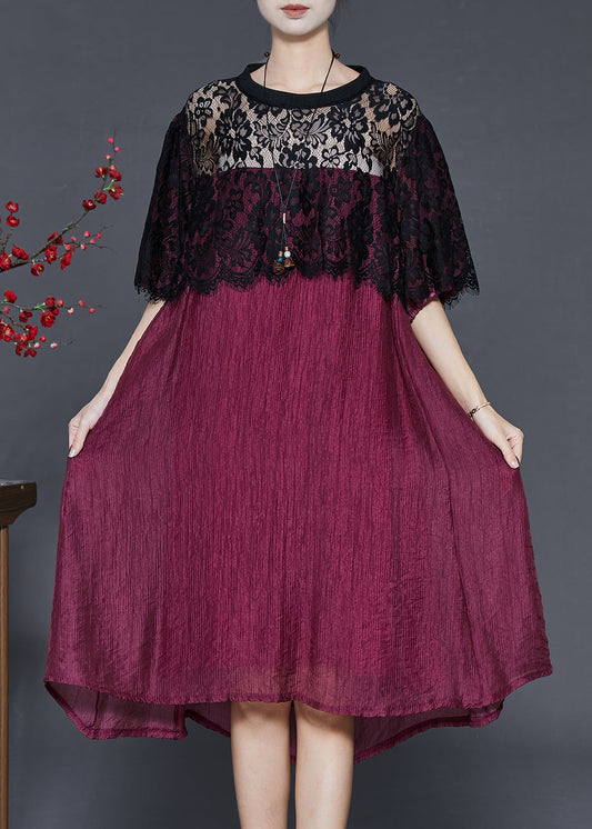 Dull Red Oversized Patchwork Lace Dress Summer