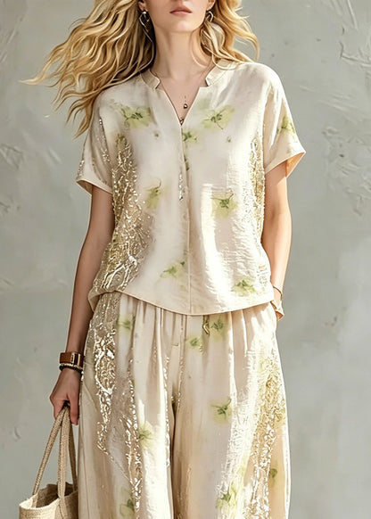 Jacquard Beige Patchwork Silk Tops and Wide Leg Pants Two Piece Set Summer