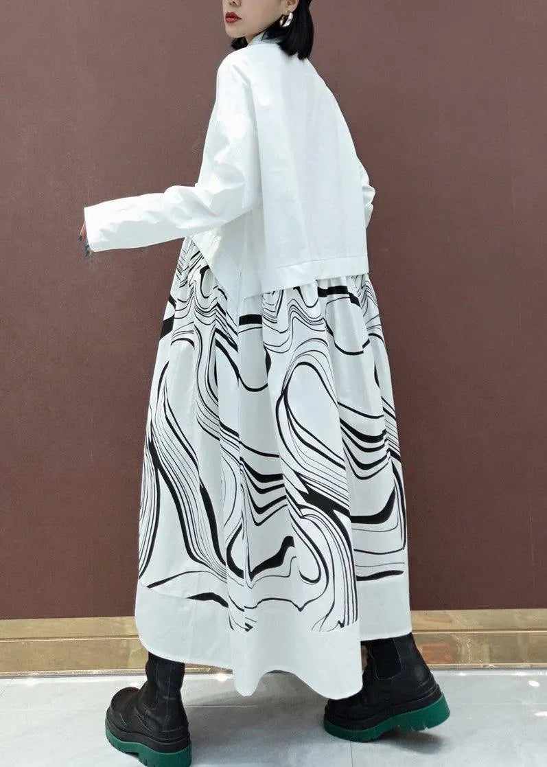 Diy White Print Clothes Lapel Patchwork Maxi Spring Dresses