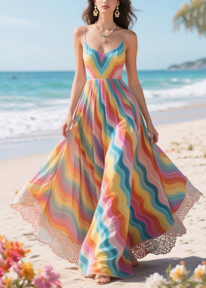 Rainbow Patchwork Exra Large Hem Chiffon Vacation Dress Summer
