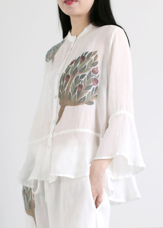 Loose White Stand Collar Patchwork Linen Two Pieces Set Flare Sleeve