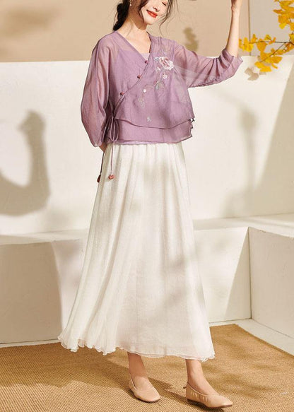 French Purple Tie Waist Embroideried Summer Top