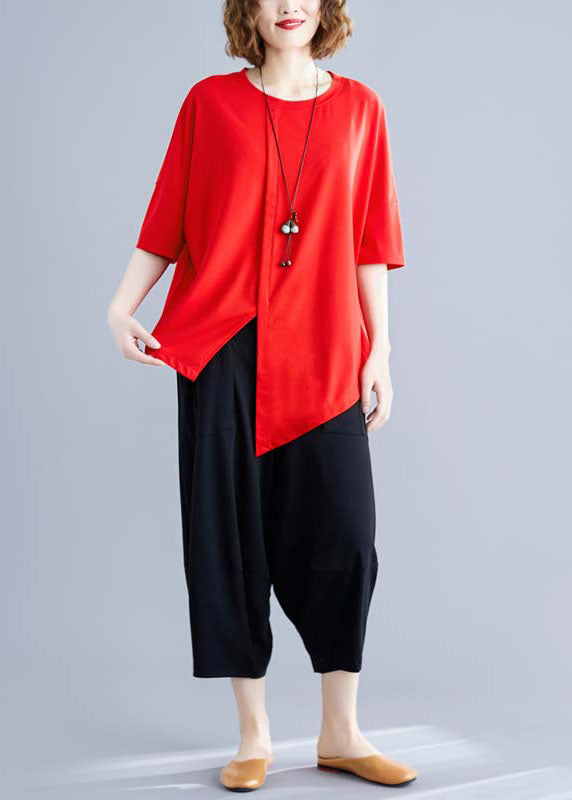 Red O-neck Asymmetrical Patchwork Cotton Two Piece Set Summer