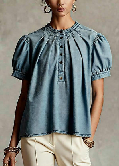 Light Blue O Neck Wrinkled Denim Top Short Sleeve