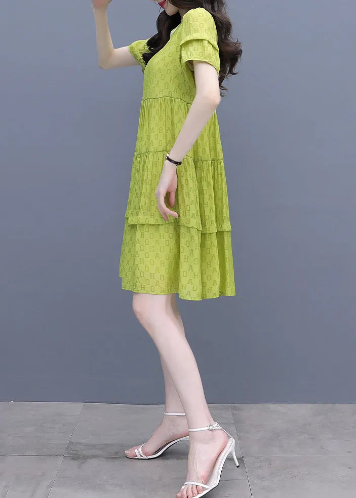 Fluorescent Green O-neck Graphic Patchwork Mid Dress Summer