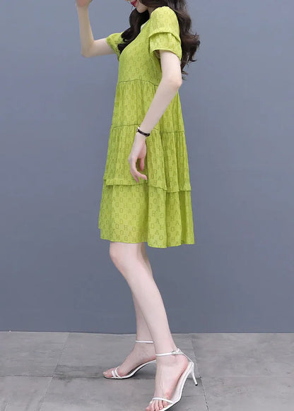 Fluorescent Green O-neck Graphic Patchwork Mid Dress Summer