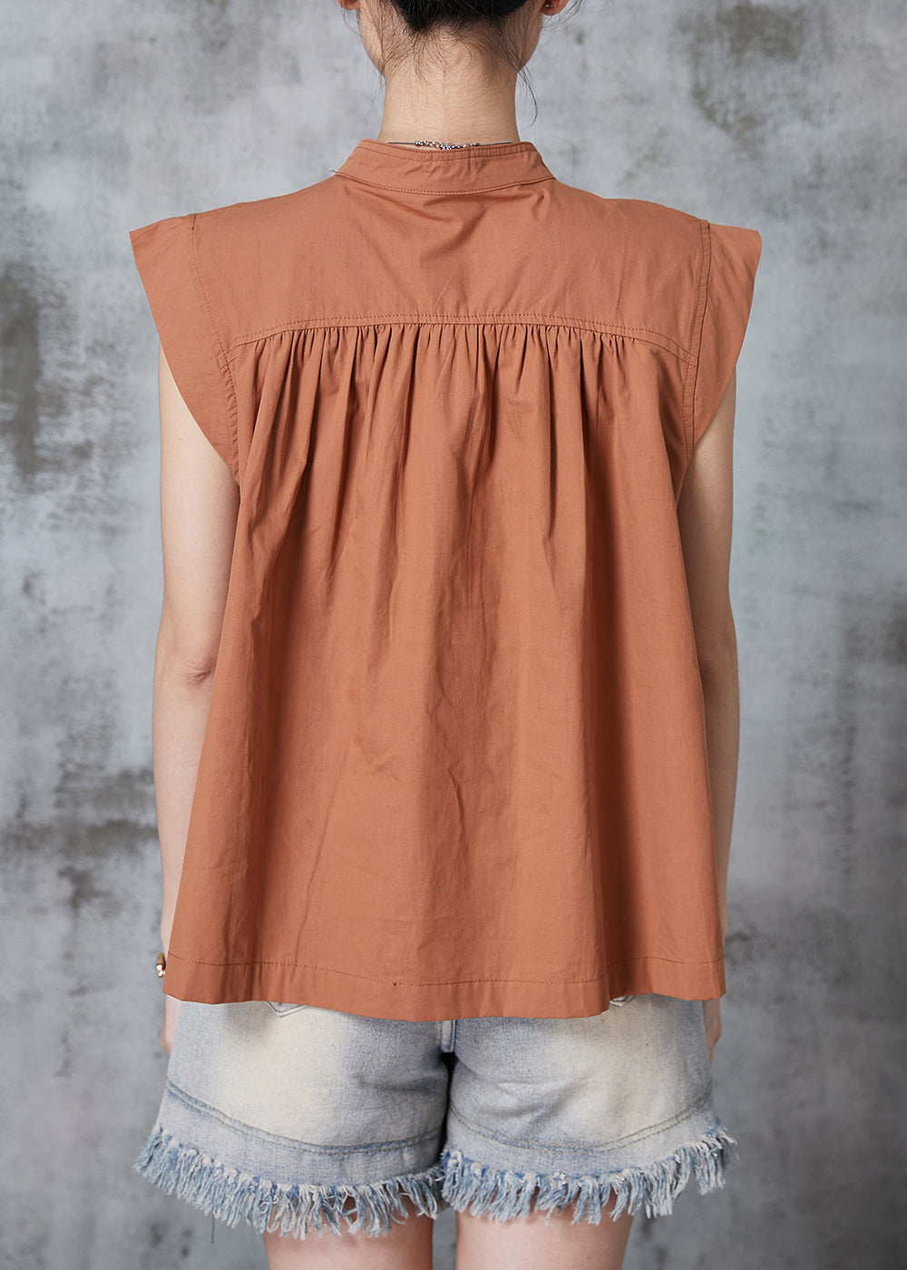French Caramel Stand Collar Cotton Tank Sleeveless