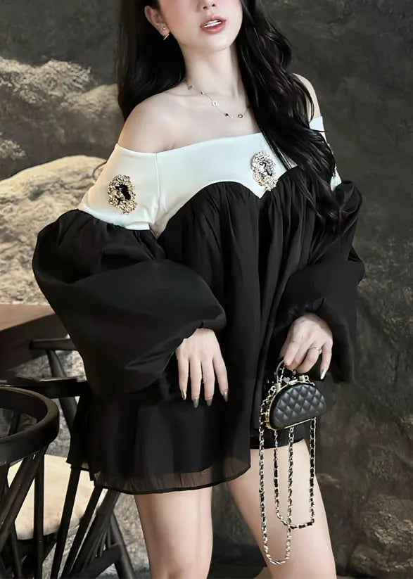 Black Slash Neck Patchwork Chiffon Mid Dress Lantern Sleeve
