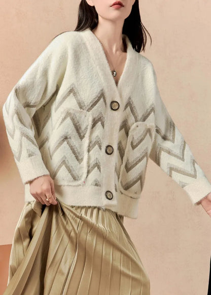 Beige V Neck Button Pockets Knit Coat Winter