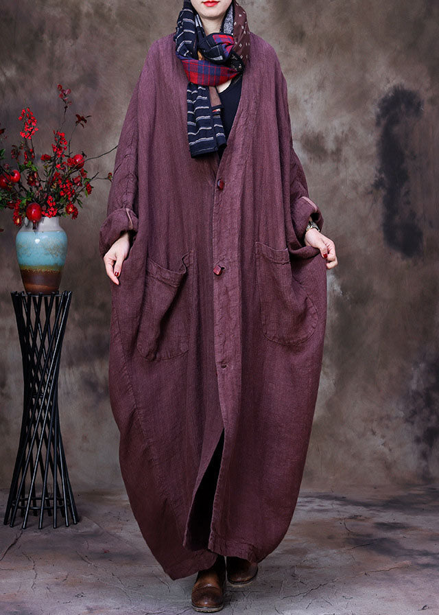 Chocolate Linen Trench Coat V Neck Handmade Long Sleeve Fall