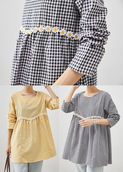 Yellow Plaid Patchwork Daisy Cotton Blouses Fall