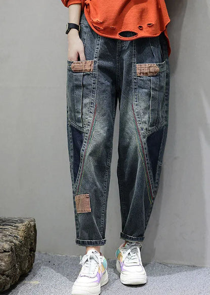 Blue Pockets Patchwork Fall Denim Pants