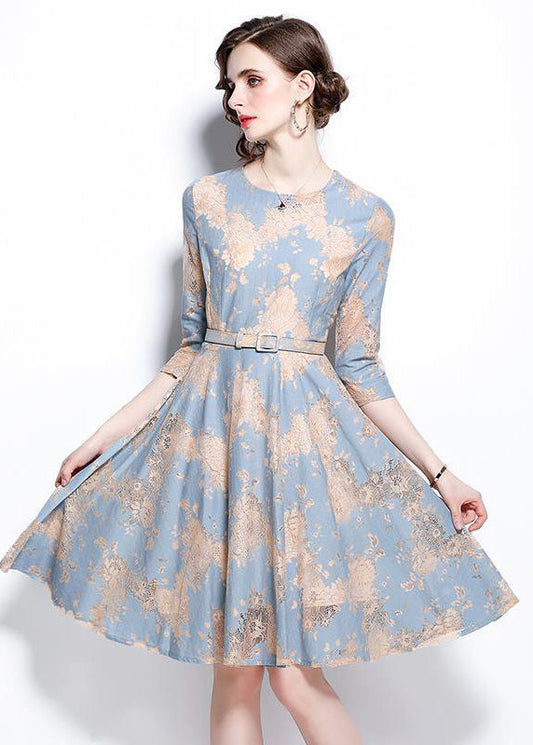 French Light Blue O-neck Embroideried Lace Cinch Dresses Bracelet Sleeve