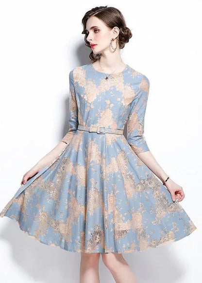 French Light Blue O-neck Embroideried Lace Cinch Dresses Bracelet Sleeve