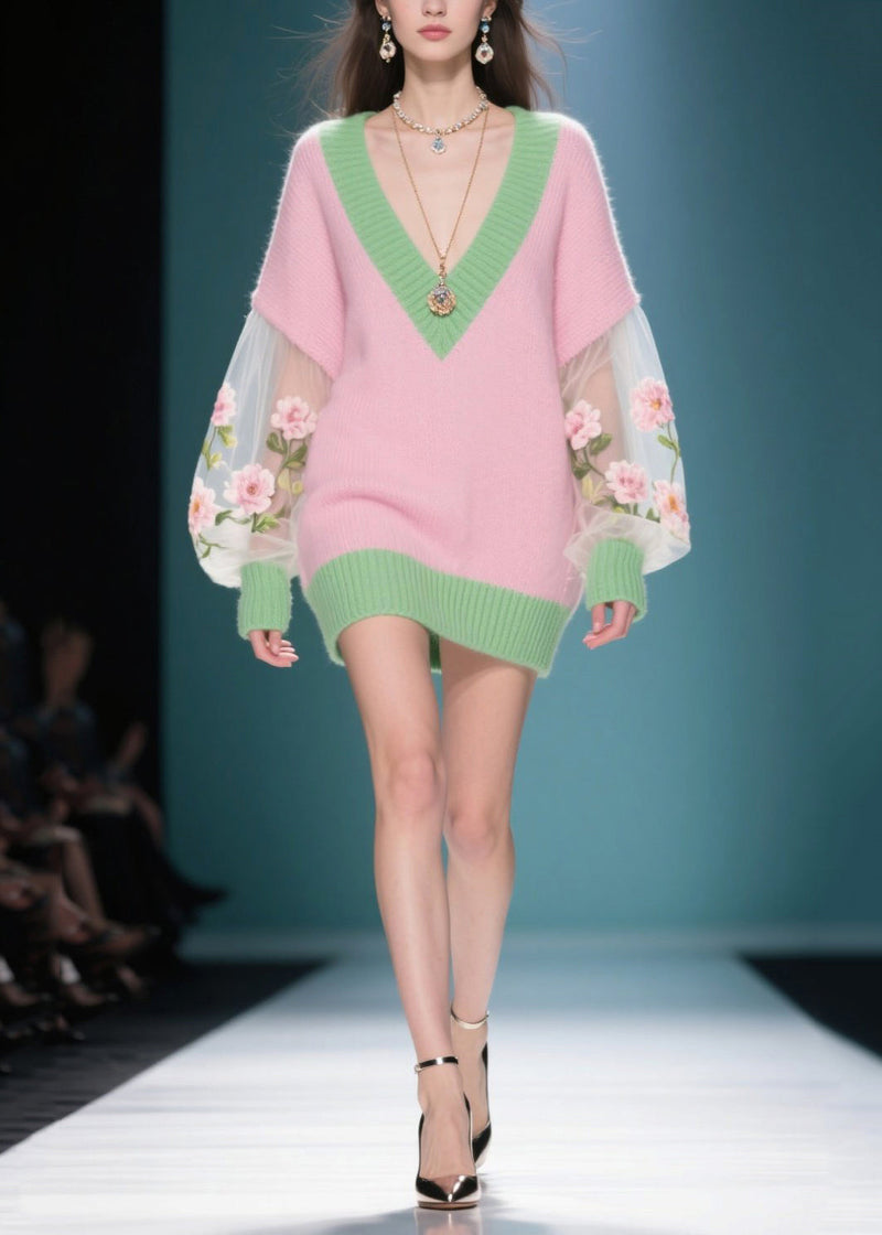 Pink V Neck Patchwork Tulle Sweater Dress Winter