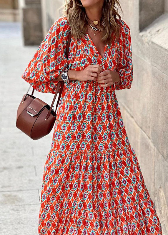 Orange Lace Up Patchwork Print Exra Large Hem Long Dresses Lantern Sleeve