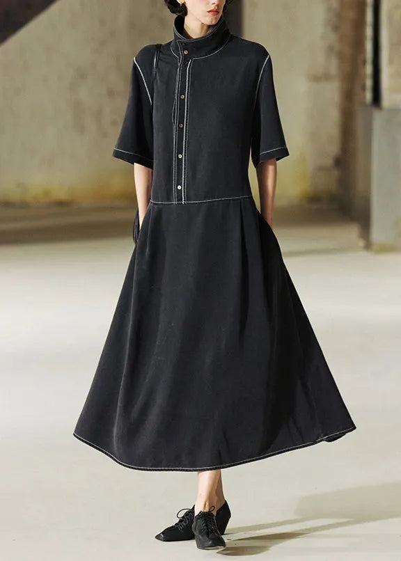 Grey Stand Collar Lace Up Patchwork Denim Dress Summer