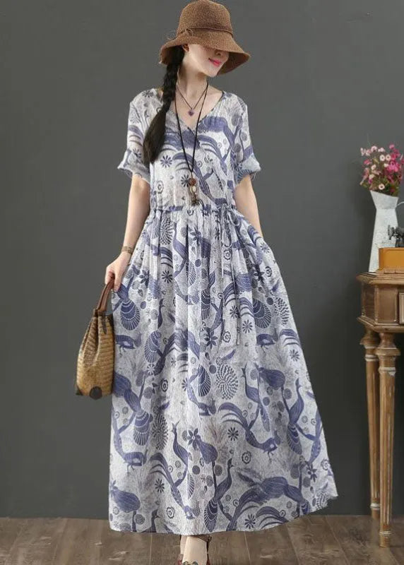 Blue Tie Waist V Neck Print Linen Maxi Dress Short Sleeve