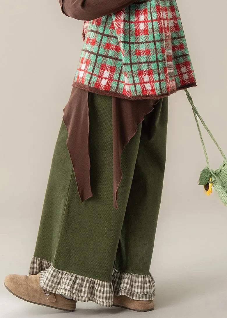 Green Ruffled Patchwork High Waist Wide Leg Pants